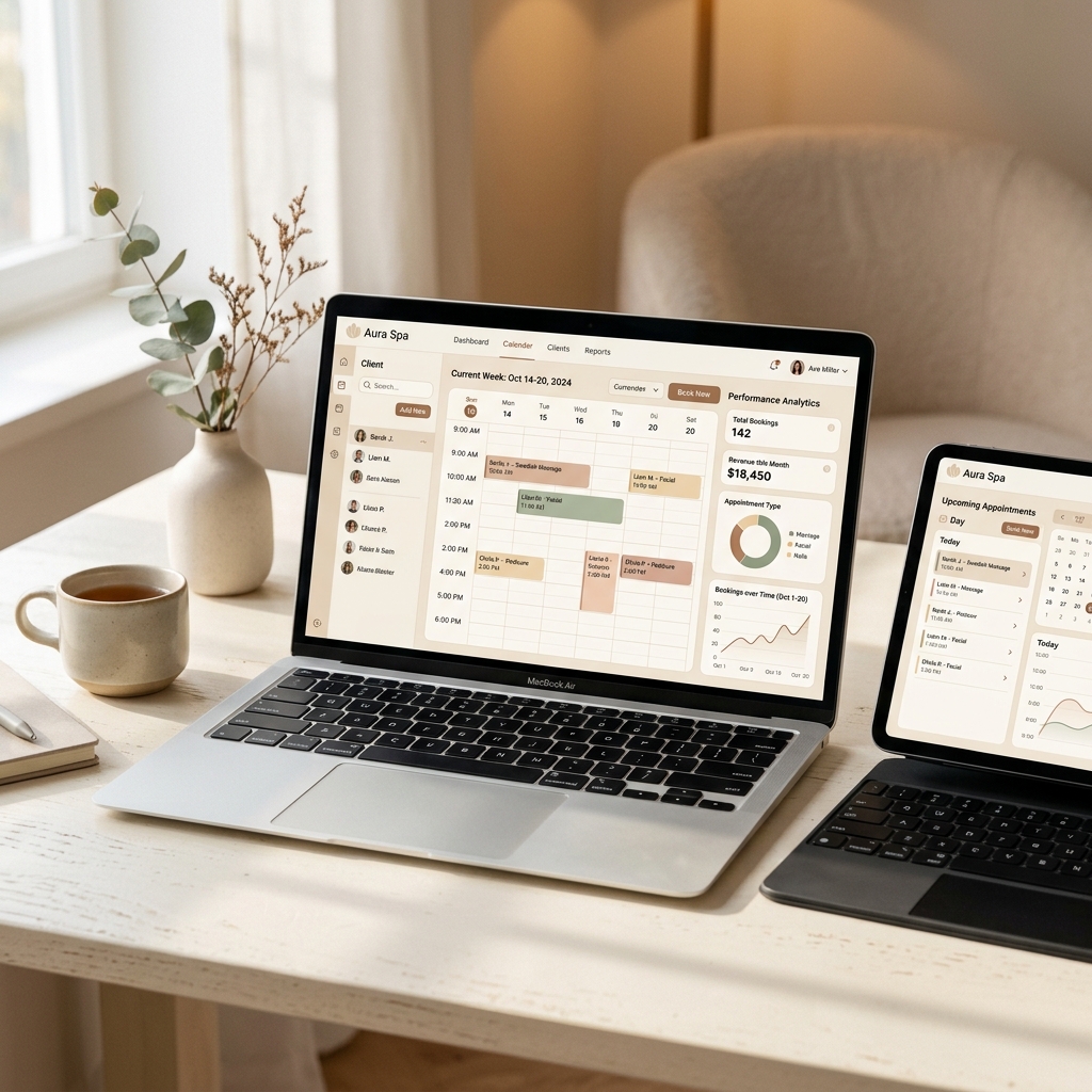 Dashboard del software SpaBooking mostrando el calendario y reportes